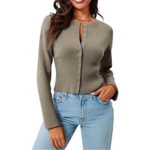 Womens Cropped Long Sleeve Cardigan Sweater Dark Khaki
